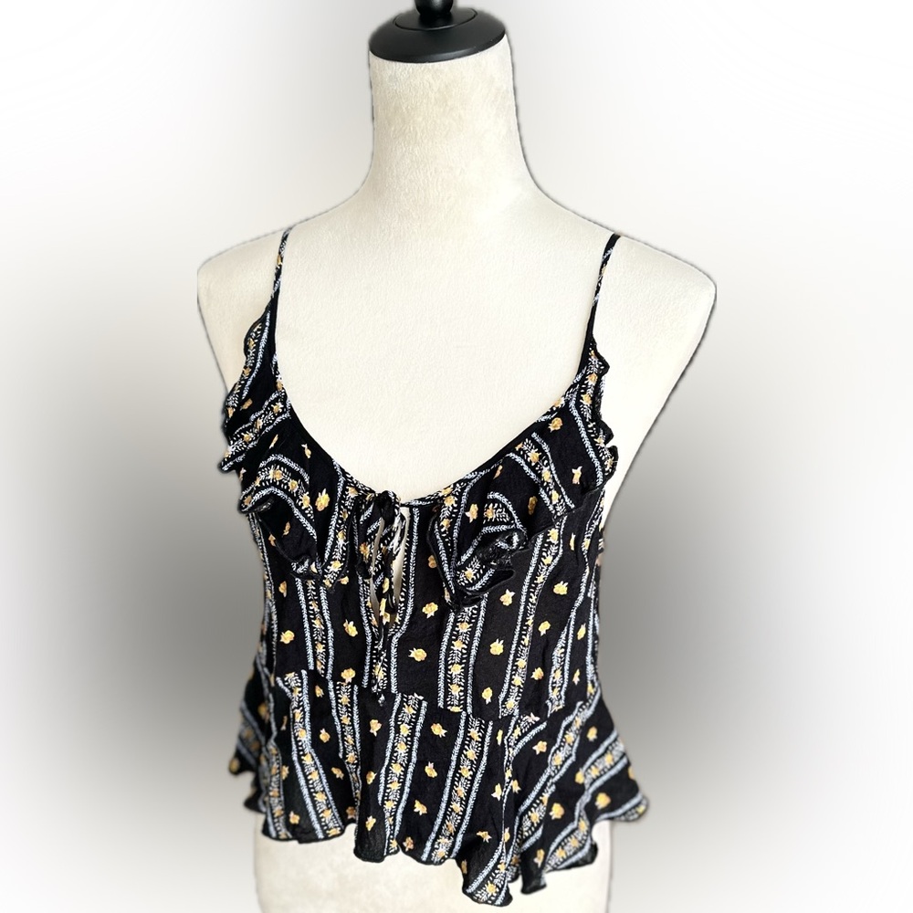 Free People Tank Top/Camisole Ruffle Flutter Hem Floral Print Keyhole Neck SZ M
